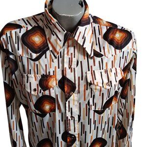 Men;s XL Disco Western Shirt Vintage 1970's Geometric Print Acetate Polyester